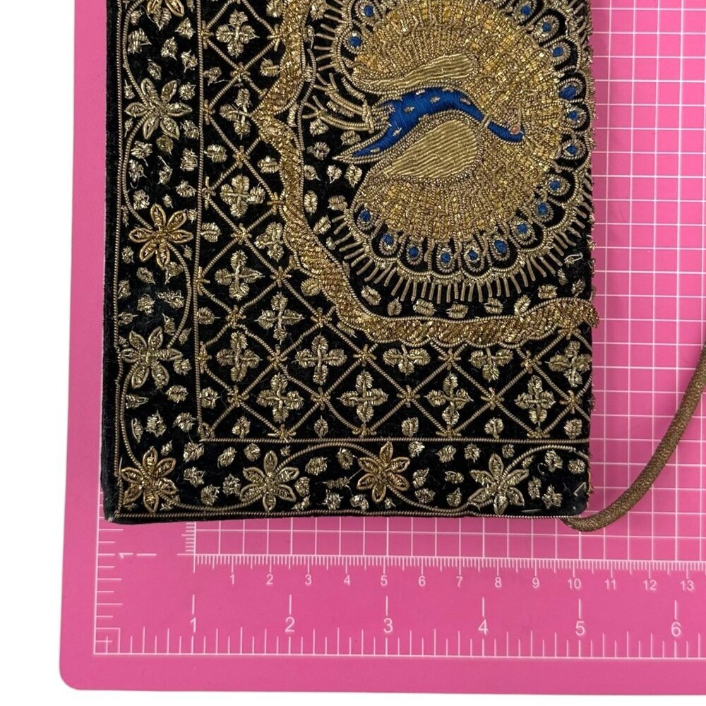 Vintage Black Velvet Peacock Gold Embroidered Beaded Floral Evening Bag Clutch - Picture 2 of 16